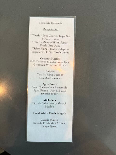 Menu of Mesquite cocktails and drinks